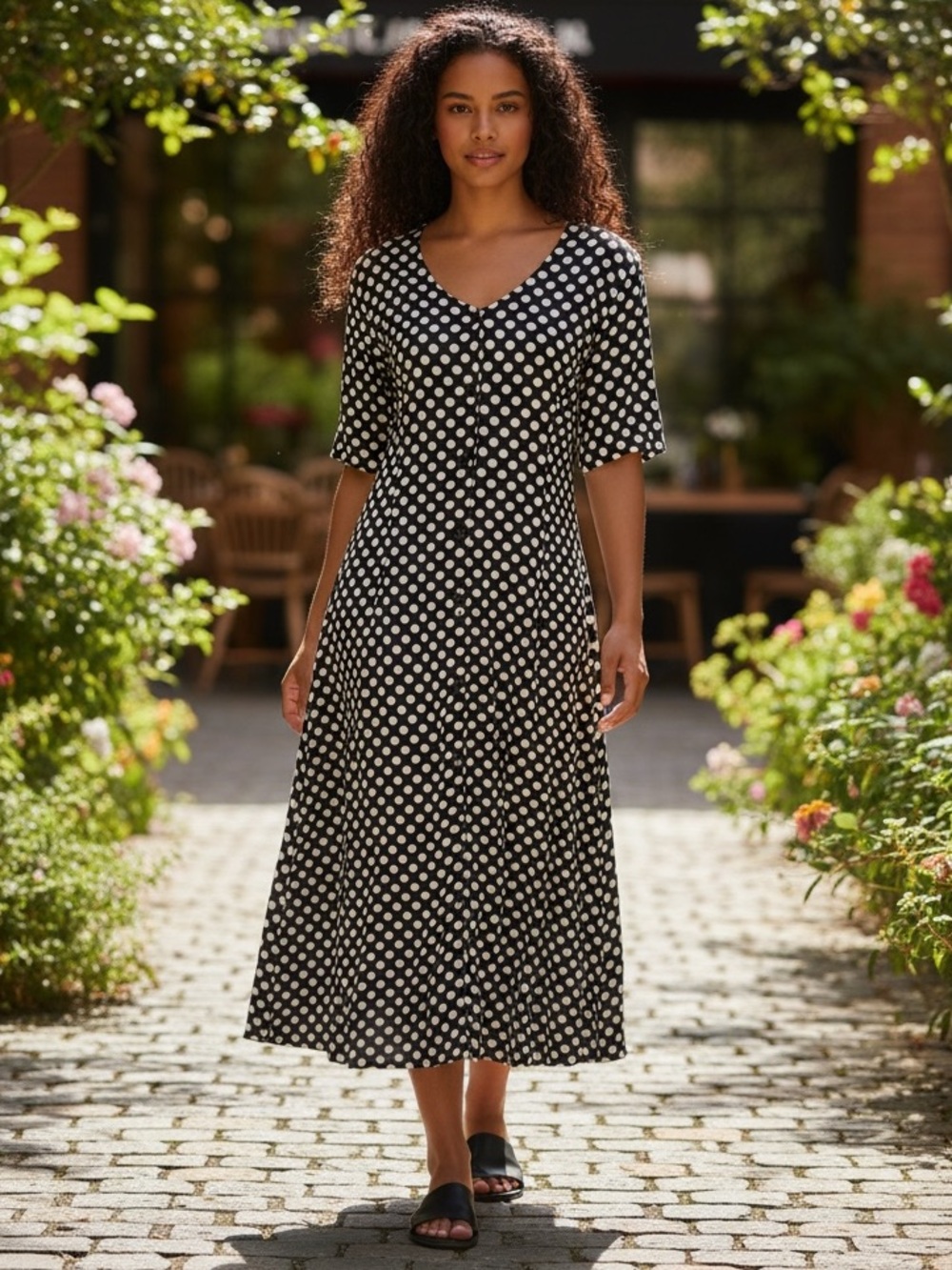 Vintage Black & White Polka Dot V-Neck Fit & Flare Button-Up Maxi Dress, Medium